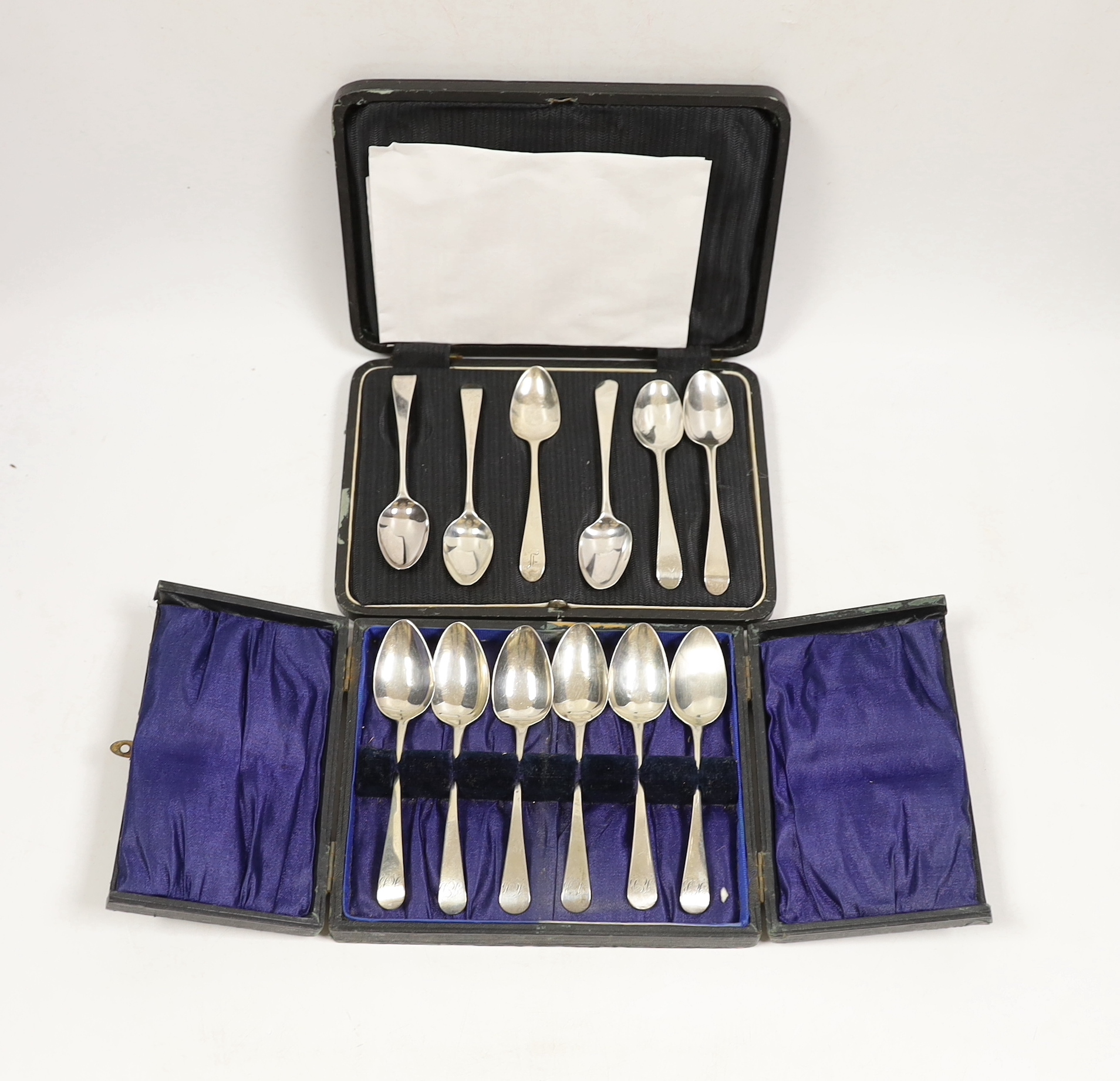 Six George III silver teaspoons by Hester Bateman, all different except one pair, London, 1787, together with a cased set of six George III silver Old English pattern teaspoons by Peter & William Bateman, London, 1813.